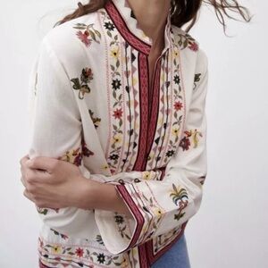Zara Floral Bird Embroidered Linen Blend Shirt Jacket size S - NWT